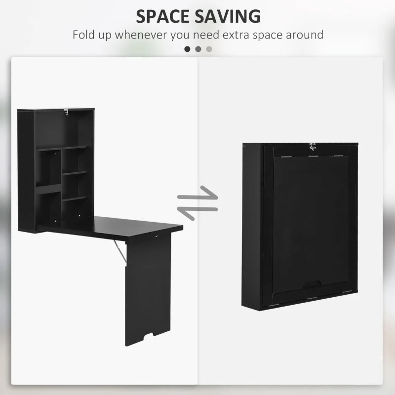 Folding Wall-Mounted Drop-Leaf Table with Chalkboard & Storage Shelf - Multifunctional Floating Desk for Home Office - Black