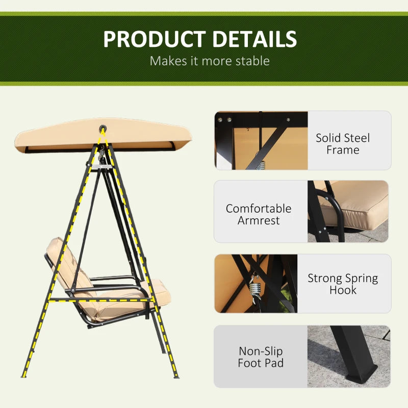 Beige 2 Seater Outdoor Swing Chair with Adjustable Canopy