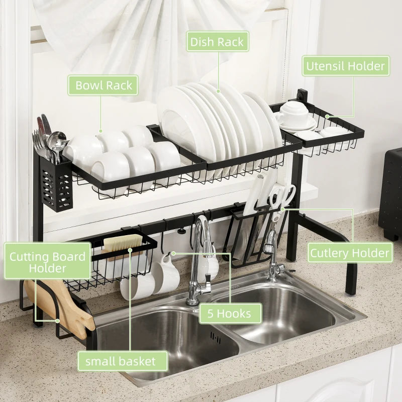Space Saving 2-Tier Adjustable Dish Drainer Rack Over Sink - Black Dish Drying Organizer for Kitchen