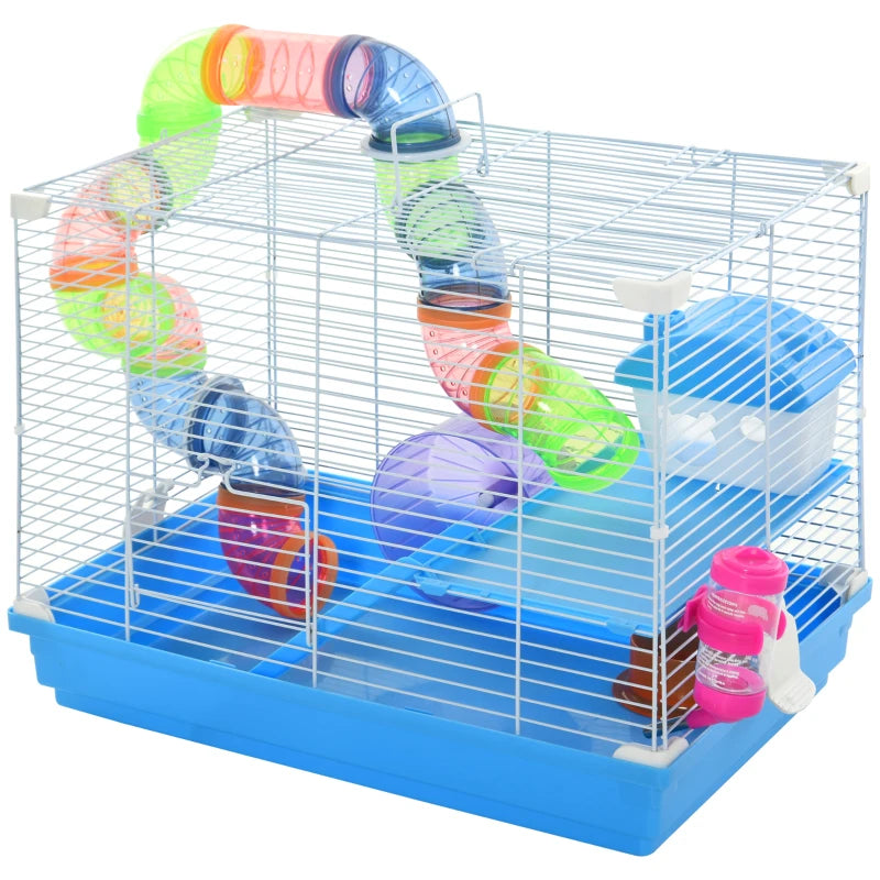 Blue 2-Tier Hamster Cage with Handle, Exercise Wheels, Tunnel, Water Bottle & Accessories for Dwarf Gerbils