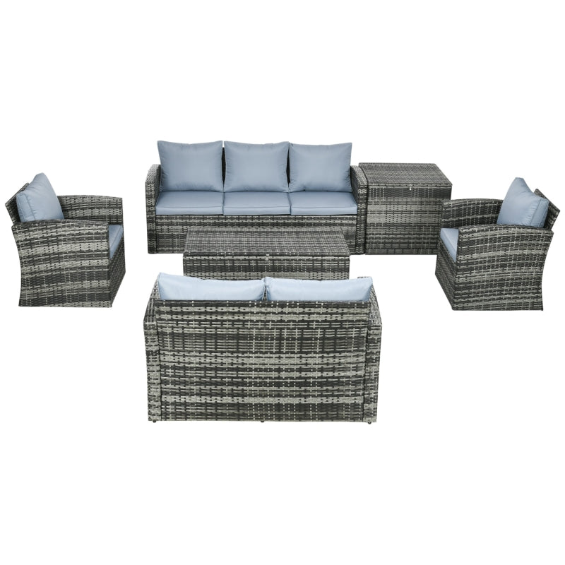 6 Pieces Grey Rattan Garden Furniture Set - 7 Seater Wicker Outdoor Sofa Set with Storage Tea Table & Side Table, Cushions Included