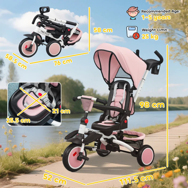 6 in 1 Foldable Kids Trike with Adjustable Parent Handle and Canopy for Ages 1-5 Pink