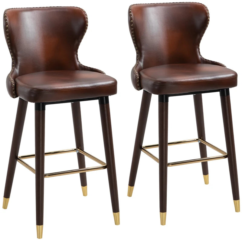 Set of 2 Brown PU Leather Bar Stools with Back and Footrest, Stylish Wood Legs for Kitchen and Breakfast Bar