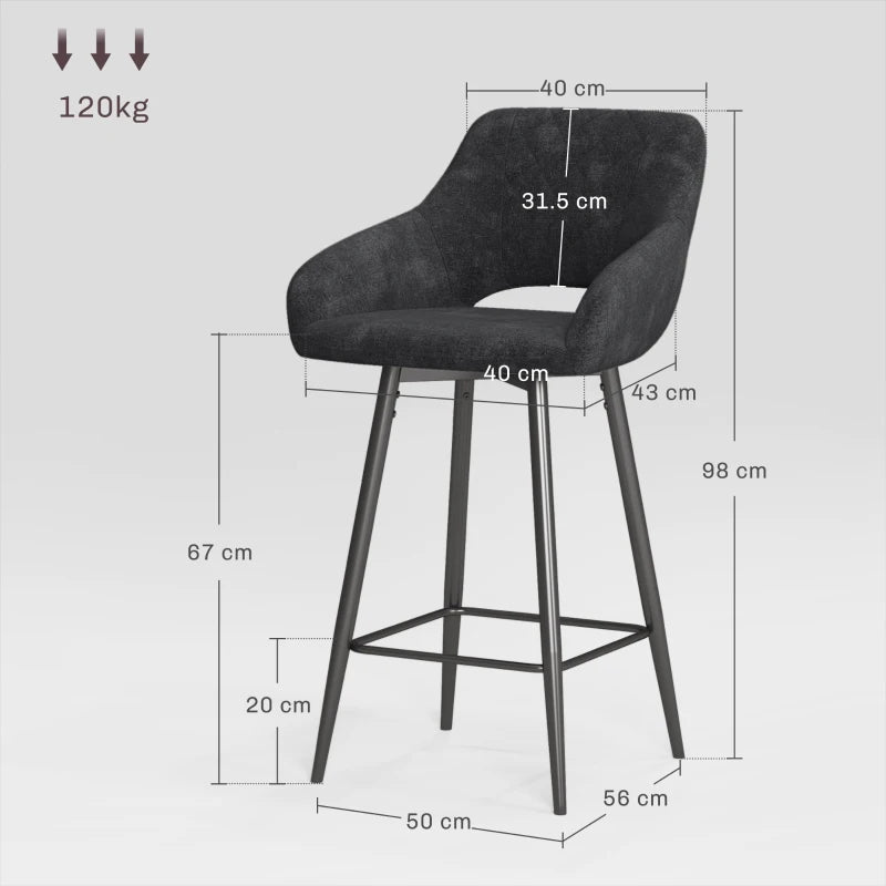 Set of 2 Grey Velvet-Feel Bar Stools - Stylish Modern Seating for Kitchen Island or Home Bar