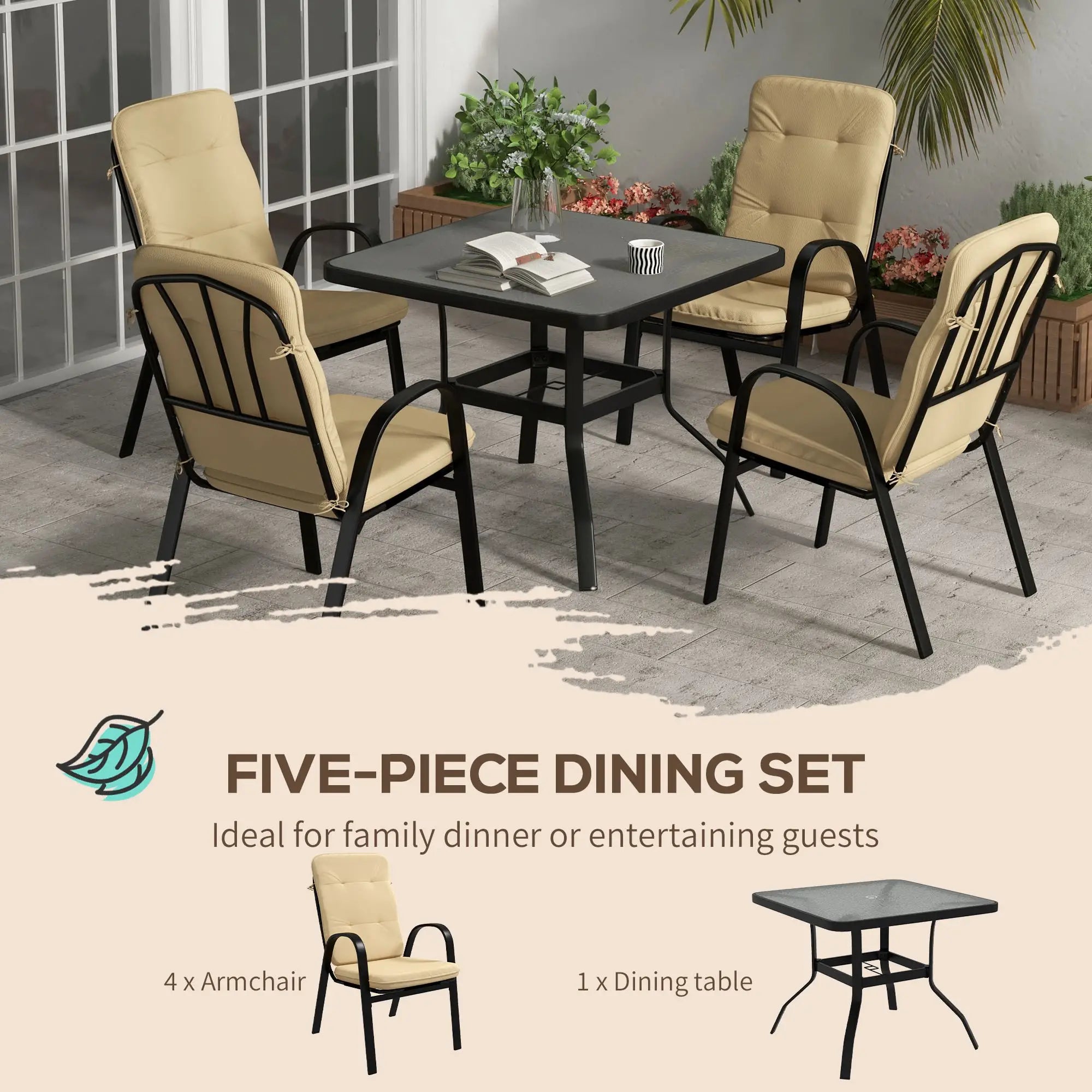 Beige 5-Piece Outdoor Square Garden Dining Set w/ Tempered Glass Dining Table, 4 Cushioned Armchairs & Umbrella Hole