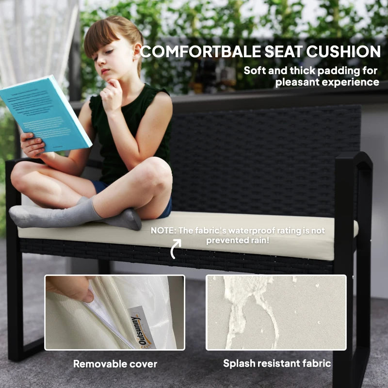 Two-Seater Rattan Garden Bench - Beige and Black - Outdoor Patio Furniture