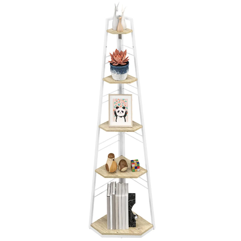 Stylish Five-Tier Corner Shelf - White and Wood-Effect Storage Solution for Home Decor and Organization
