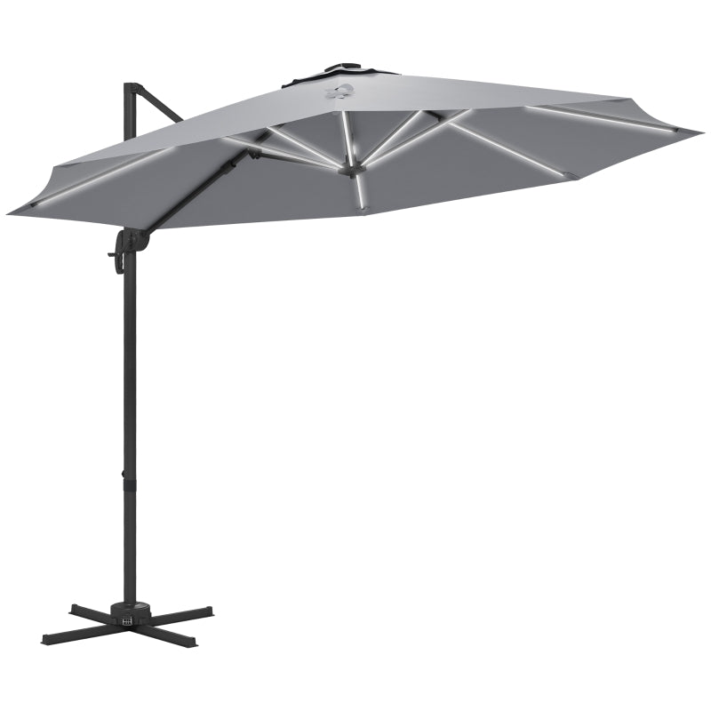 Adjustable Light Grey Cantilever Parasol with Solar LED Lights