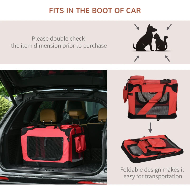 Foldable Pet Carrier for Small Dogs & Cats - Portable Soft-Sided Travel Crate with Removable Mat & Mesh Window - Red 60x42x42cm