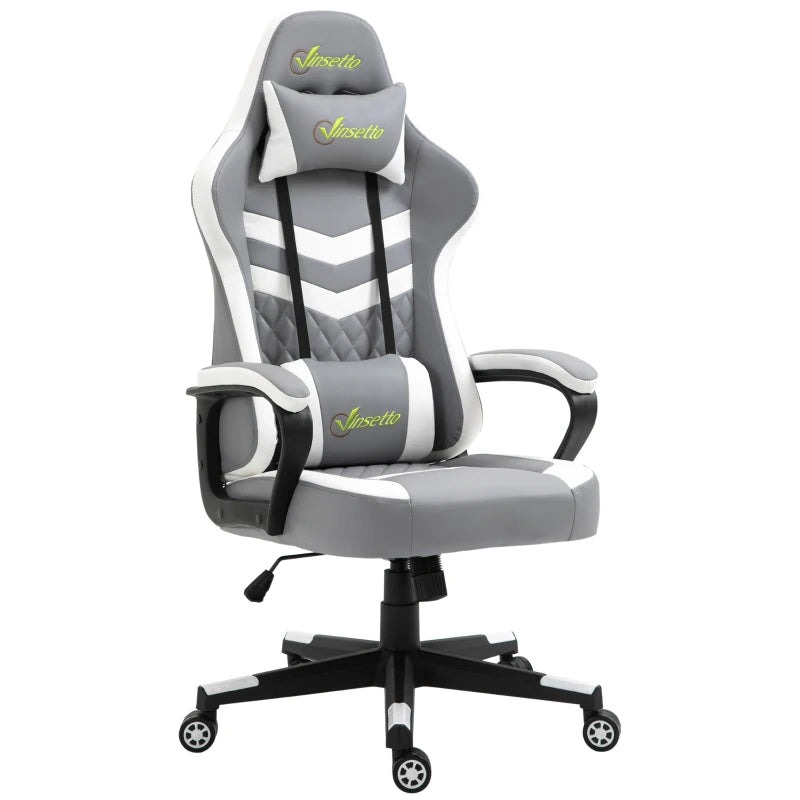 Vinsetto Gaming Chair - Ergonomic Computer Desk Chair with Lumbar Support, Faux Leather, Headrest & Swivel Wheels - Grey White