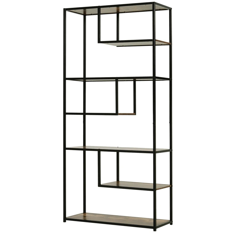 Industrial 6-Tier Bookcase - Tall Steel Frame Shelf Unit for Home Office, Living Room, Rustic Brown & Black, 82x33.5x175 cm
