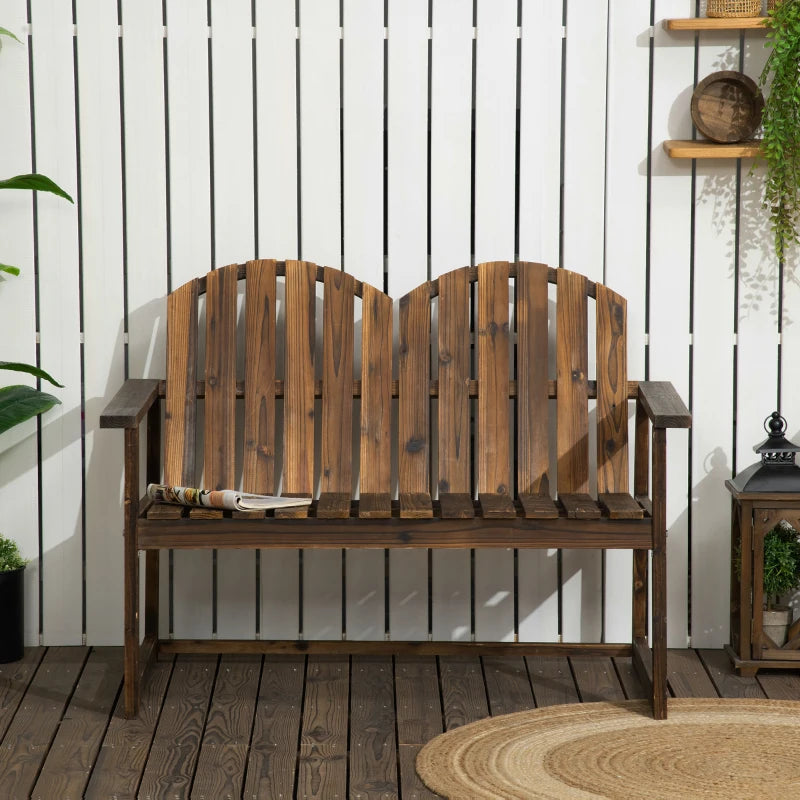 Carbonised Wooden Garden Bench for Two - Outdoor Loveseat Chair with Slatted Backrest and Armrests
