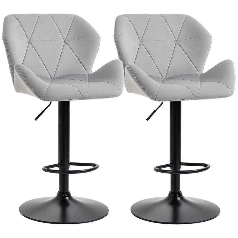 Luxurious Velvet Bar Stools Set of 2 - Adjustable Height Swivel with Metal Frame, Round Base, Grey
