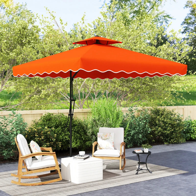 2.5m Cantilever Parasol Umbrella with Easy Lever, Square Double Top, Ruffled Outdoor Sun Shade - Orange