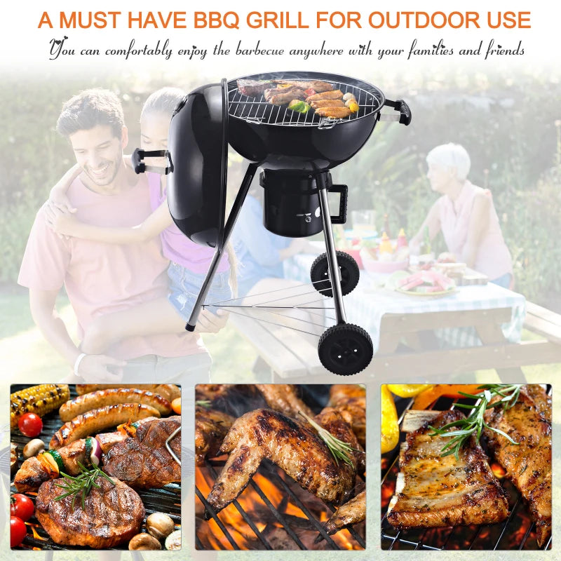 Black Steel Charcoal BBQ Grill with Wheels