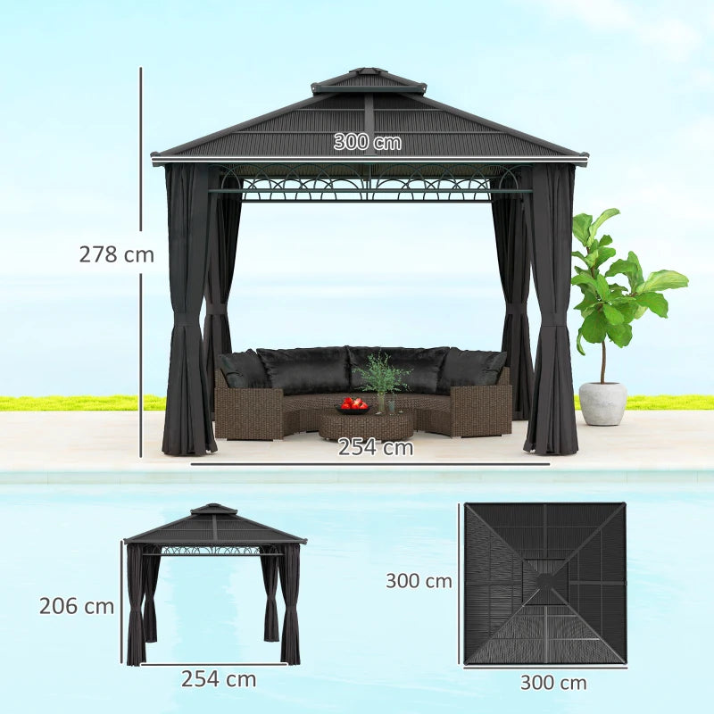3 x 3 m Dark Grey Outdoor Polycarbonate Gazebo - Double Roof Hard Top with Galvanised Steel Frame, Nettings & Curtains for Garden, Lawn, Patio and Deck