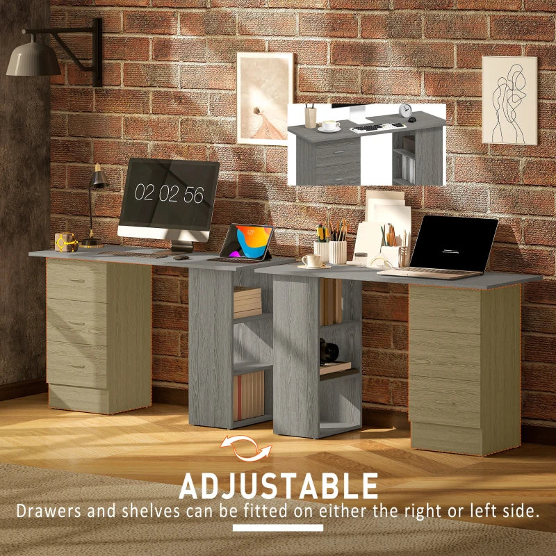 Modern Grey Computer Desk with 3 Storage Shelves & Drawers, Stylish Writing Table for Home Office, Silver Handle Workstation