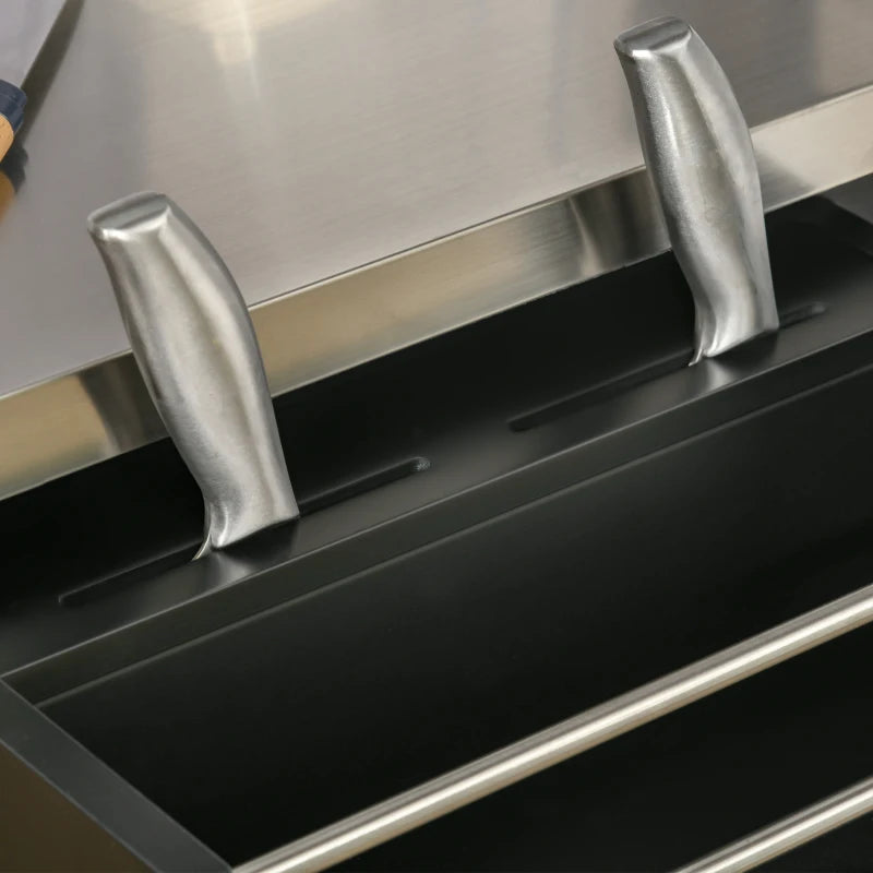 Wooden Kitchen Island on Wheels - Black Serving Cart with Stainless Steel Top, Drawer, Side Handle & Storage Rack