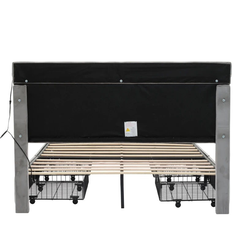 Velvet Upholstered Double Bed with Storage & LED Lights - Soft Backrest, 4 Drawers, Gray - 198x140x98 cm