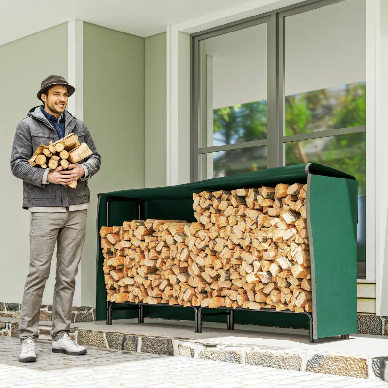 Heavy Duty Firewood Rack with Waterproof Cover - Indoor/Outdoor Log Storage Holder, 200x36x99 cm, Dark Green