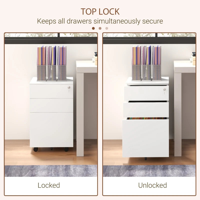 Vinsetto 3-Drawer Vertical Filing Cabinet - Mobile Steel File Cabinet with Lock, Pencil Tray & 5 Wheels, Pre-Assembled, White