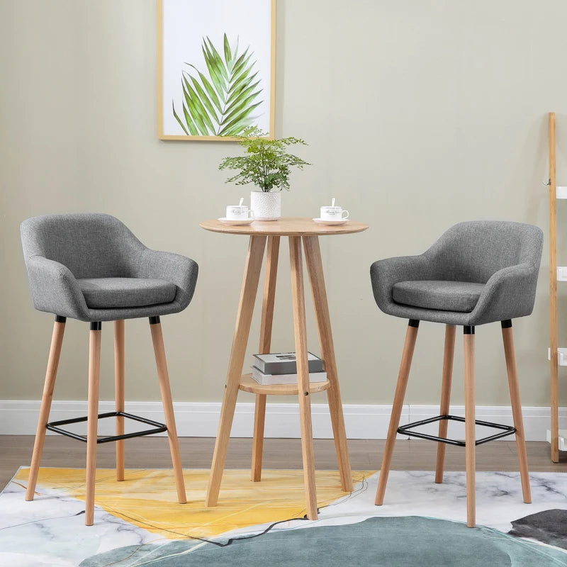 Set of 2 Modern Upholstered Bar Stools with Metal Frame & Solid Wood Legs - Grey Fabric Dining Chairs