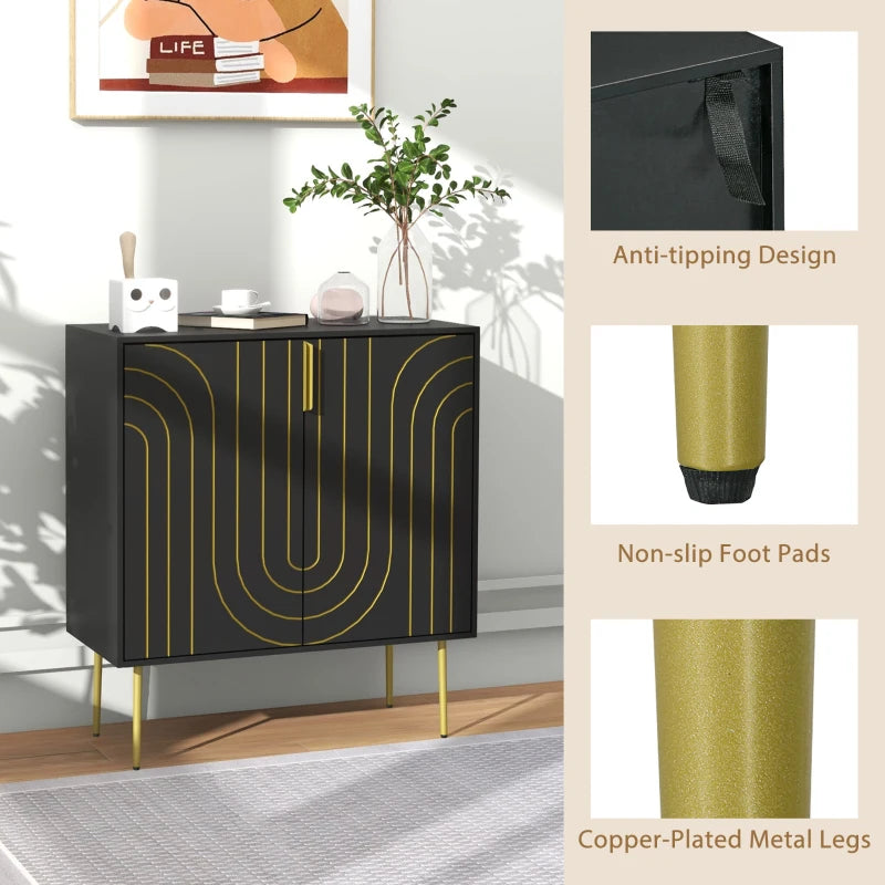 Art Deco Inspired Black and Gold Sideboard with Adjustable Shelf - Elegant Storage Solution for Modern Homes