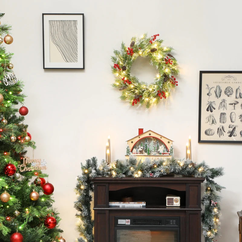 60 cm Prelit Christmas Wreath - Realistic Branches, 30 Warm White LEDs, Timer, Battery Operated Door Decor