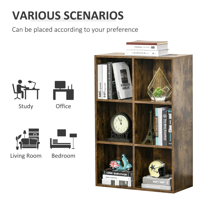 Rustic Brown Six-Cube Bookcase - Stylish Storage Solution for Home & Office, Versatile Wood Effect Design