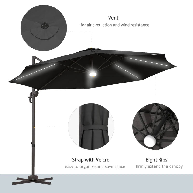 Dark Grey 3m LED Cantilever Sun Umbrella with Solar Lights & Base