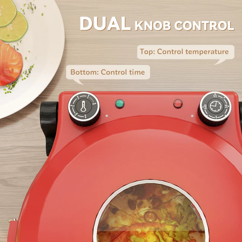 1200W Electric Pizza Oven - 12 Inch Maker with Viewing Window, Dual Temp Control, Timer & Overheat Protection - Red