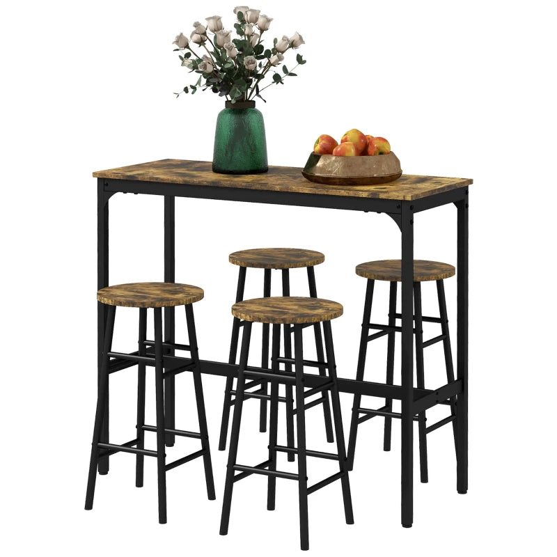 5-Piece Industrial Bar Table Set with 4 Stools - Rustic Brown Dining Table and Chair Set for Home or Kitchen