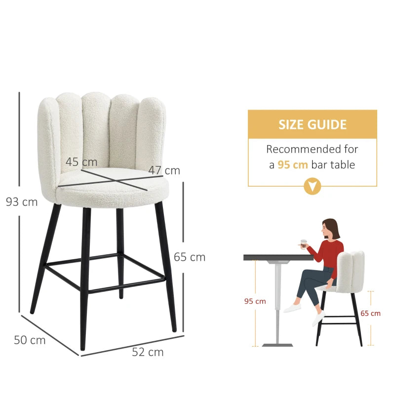 Set of 2 Modern Bar Stools - Faux Cashmere Upholstered Kitchen Chairs with Backs, Footrest & Steel Base in Cream