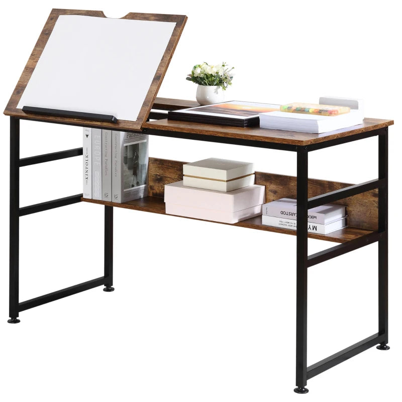 Adjustable Drafting Table Art Desk - Multifunctional Craft Workstation with 15-Level Tiltable Top & Storage Shelf - Rustic Brown