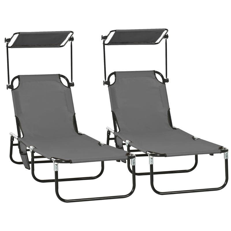 2 Piece Dark Grey Folding Sun Loungers with Canopy - Adjustable Recliner Garden Chairs with Side Pocket, Steel Frame and Breathable Mesh for Outdoor, Pool, Beach, Garden