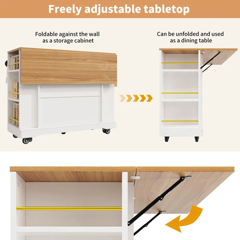 Adjustable Kitchen Island Trolley - Rolling Cart with Drawers & Storage Racks, 120x40x90 cm, White - Easy Stability
