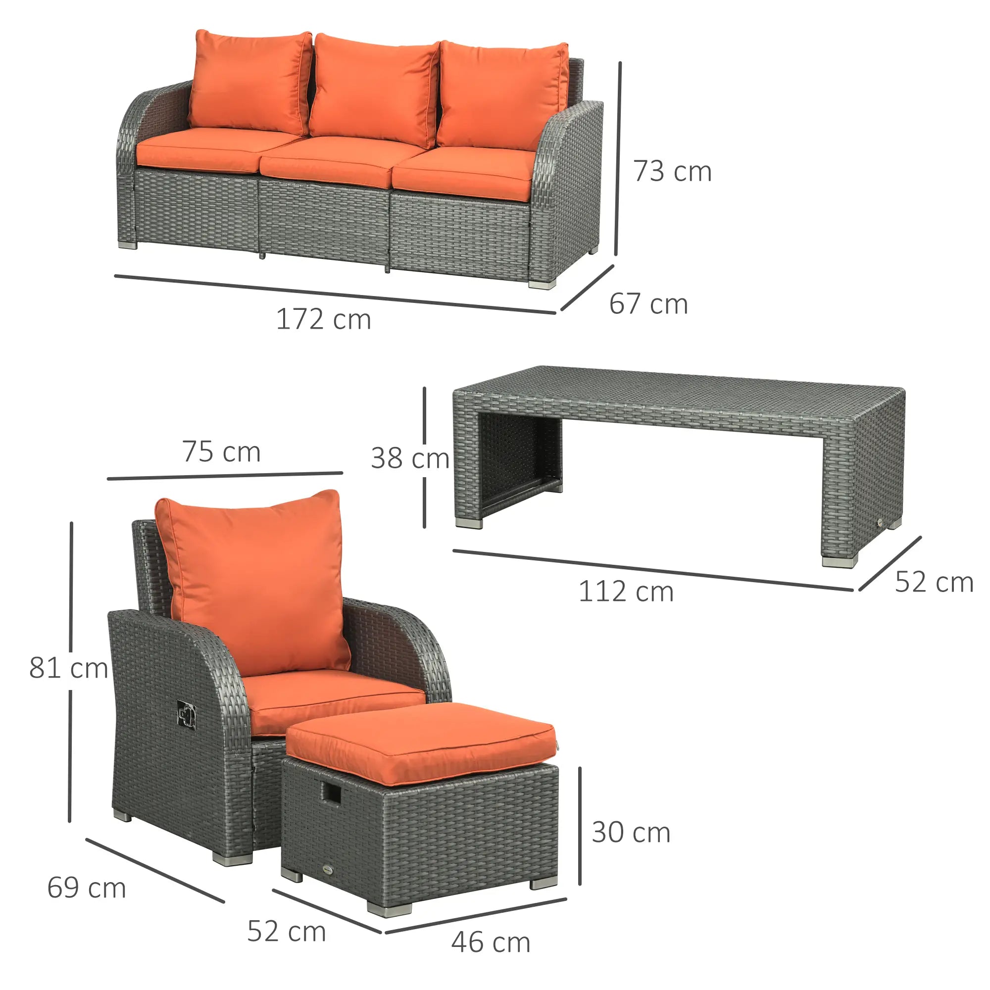 3-Seater Orange Cushioned Rattan Sofa With 2 Armchairs and 2 Footstools + Coffee Table