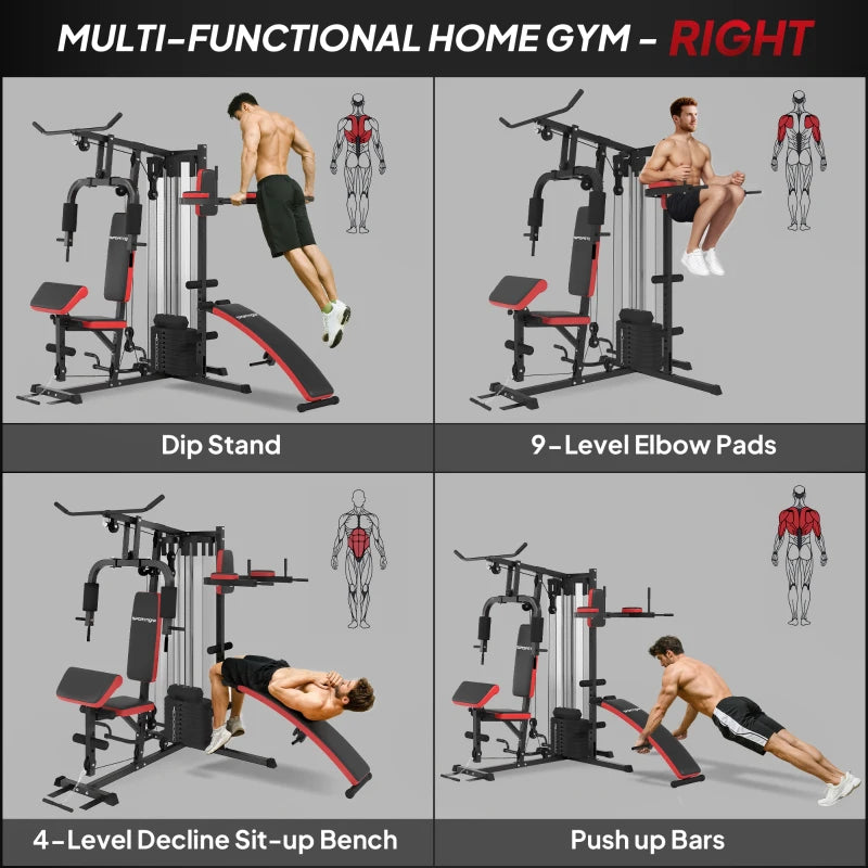 Multi Gym Workout Station with 65kg Weight Stack Sit Up Bench Push Up Stand and Dip Station for Home Fitness