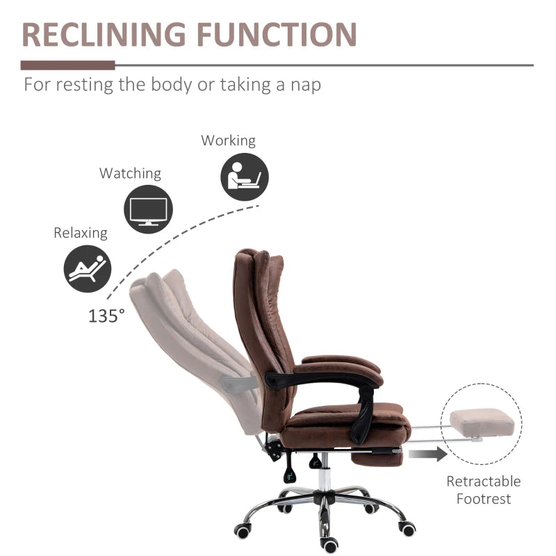 Vinsetto Brown Microfibre Home Office Chair - Reclining Desk Chair with Armrests, Swivel Wheels & Footrest