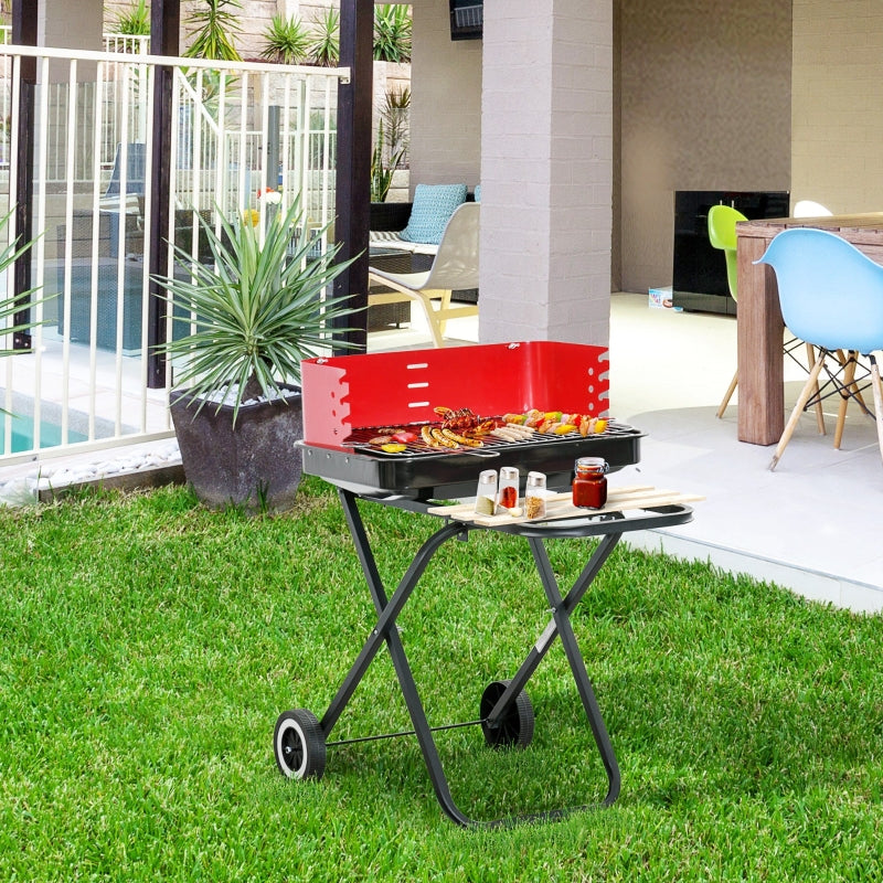 Portable Charcoal BBQ Grill with Windshield and Side Trays, Black/Red
