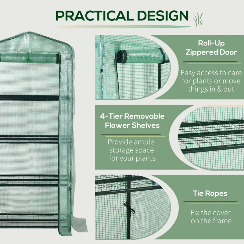Portable Dark Green 4 Tier Mini Greenhouse with Steel Frame