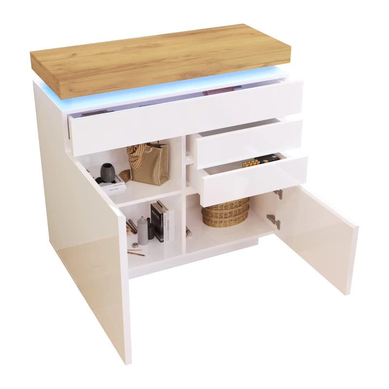 High-Gloss White Chest of Drawers with LED Lighting - 2 Doors & 3 Drawers Sideboard Cabinet, 110x39x115 cm