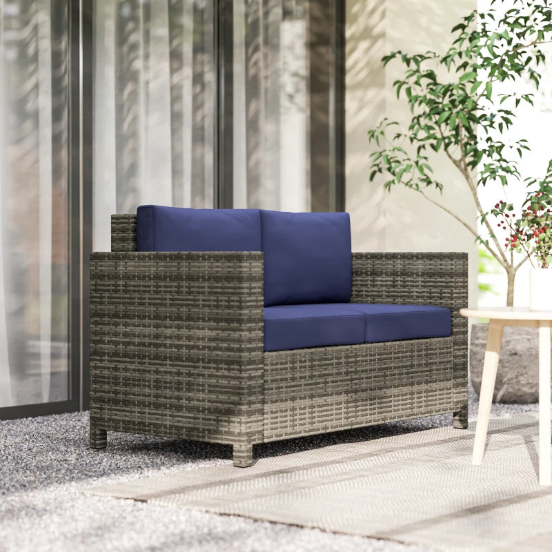 Navy Blue Rattan 2 Seater Garden Sofa with Soft Padded Cushions and Armrests - Wicker Loveseat for Patio