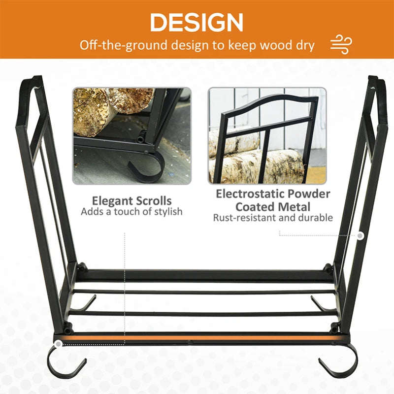 Metal Firewood Log Holder Rack - Indoor Outdoor Folding Fireplace Wood Storage Shelf, Rust-Resistant, Black, 48x34x37cm