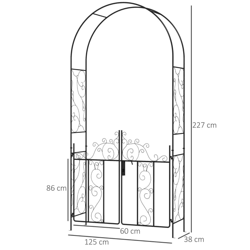 Metal Garden Arch with Double Gates for Climbing Plants - Black, 125L x 38W x 227H cm - Perfect for Roses, Vines, and Weddings