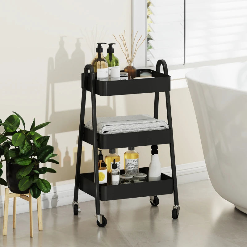 Versatile Three-Tier Black Storage Trolley - Stylish Organizer Cart for Home, Office, Kitchen & Bathroom