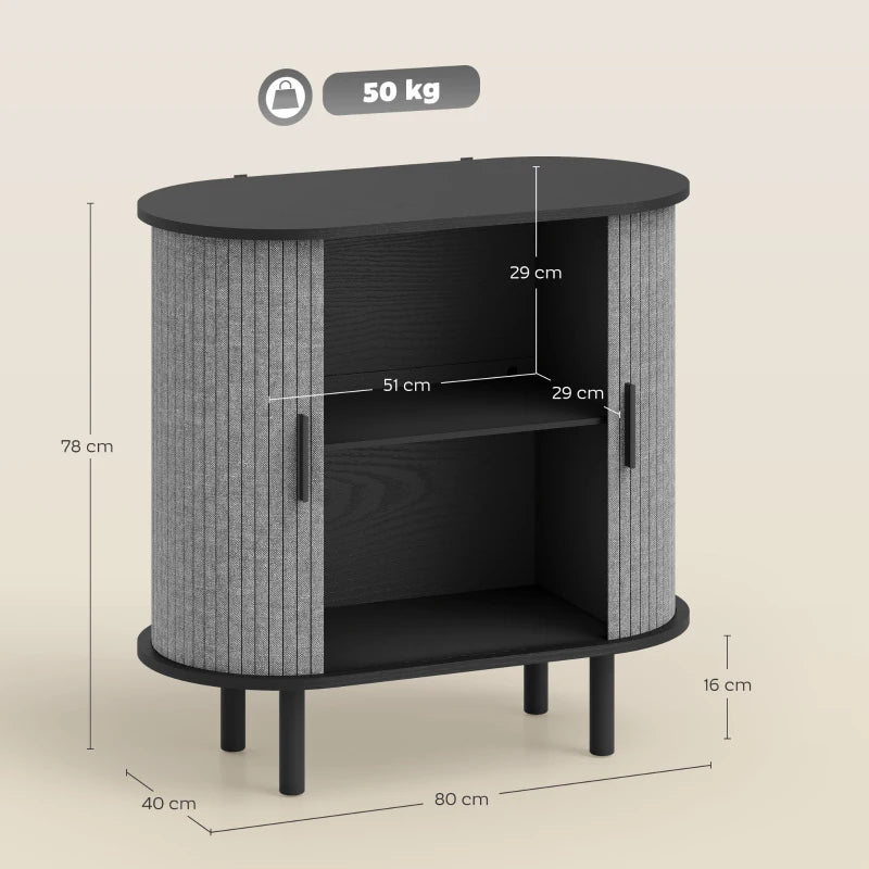 Modern Grey Tambour Sideboard with Fluted Sliding Doors, Stylish Kitchen Cupboard with Storage Shelves and Wooden Legs
