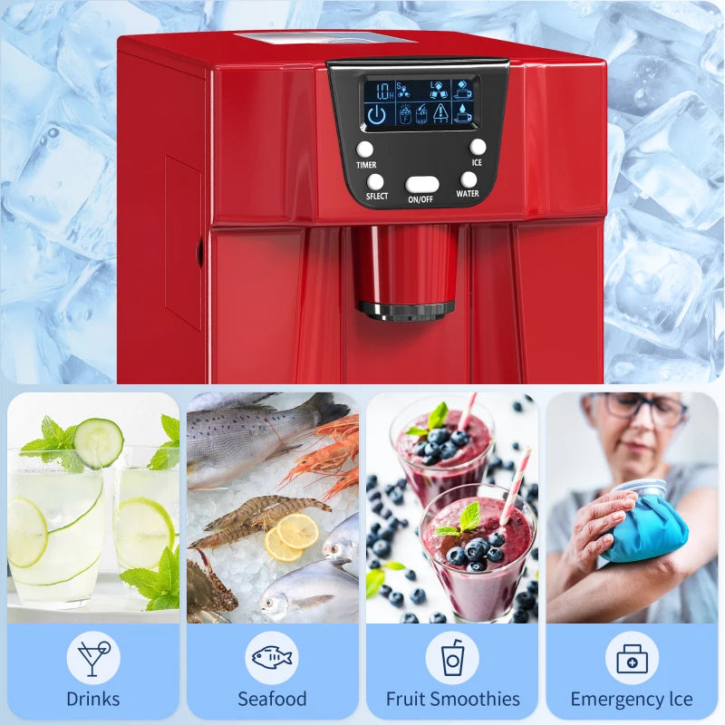 3L Ice Maker & Water Dispenser - 12kg Daily, 9 Ice Cubes in 6-10 Mins, Compact Red Ice Machine