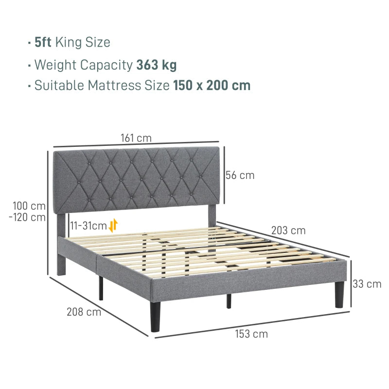 King Size Grey Padded Fabric Headboard Bed Frame - Stylish, Comfortable, Modern Design for Ultimate Bedroom Elegance