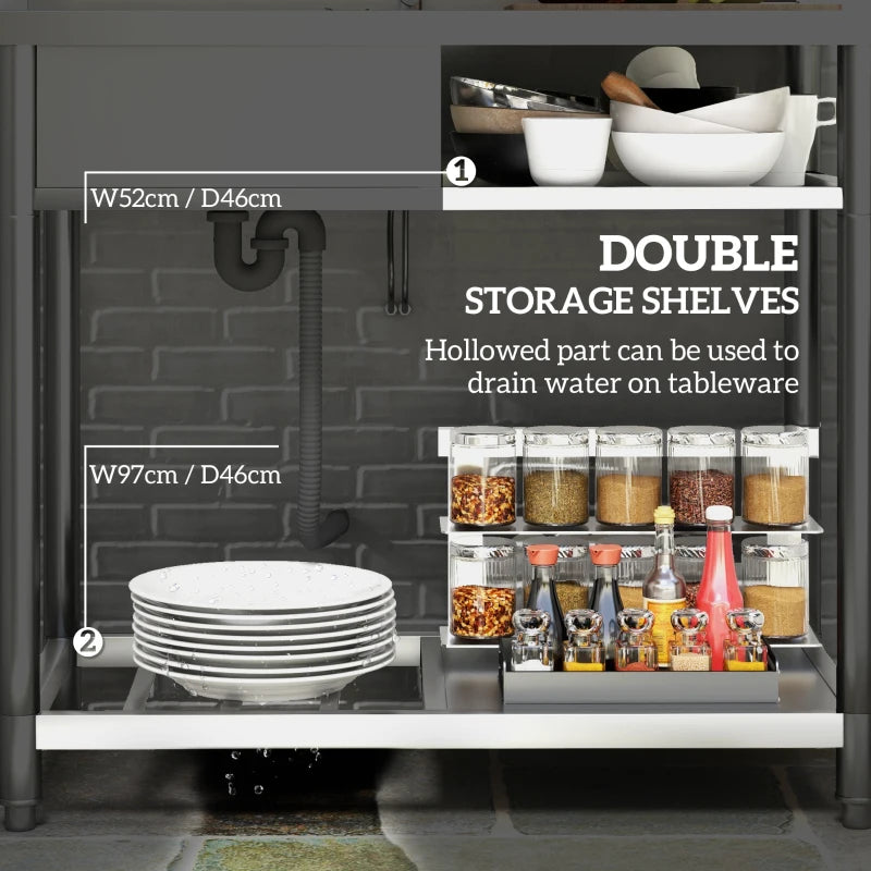 Outdoor Stainless Steel Kitchen Sink - Freestanding Single Bowl with Hot & Cold Water, Storage Shelves for Easy Access